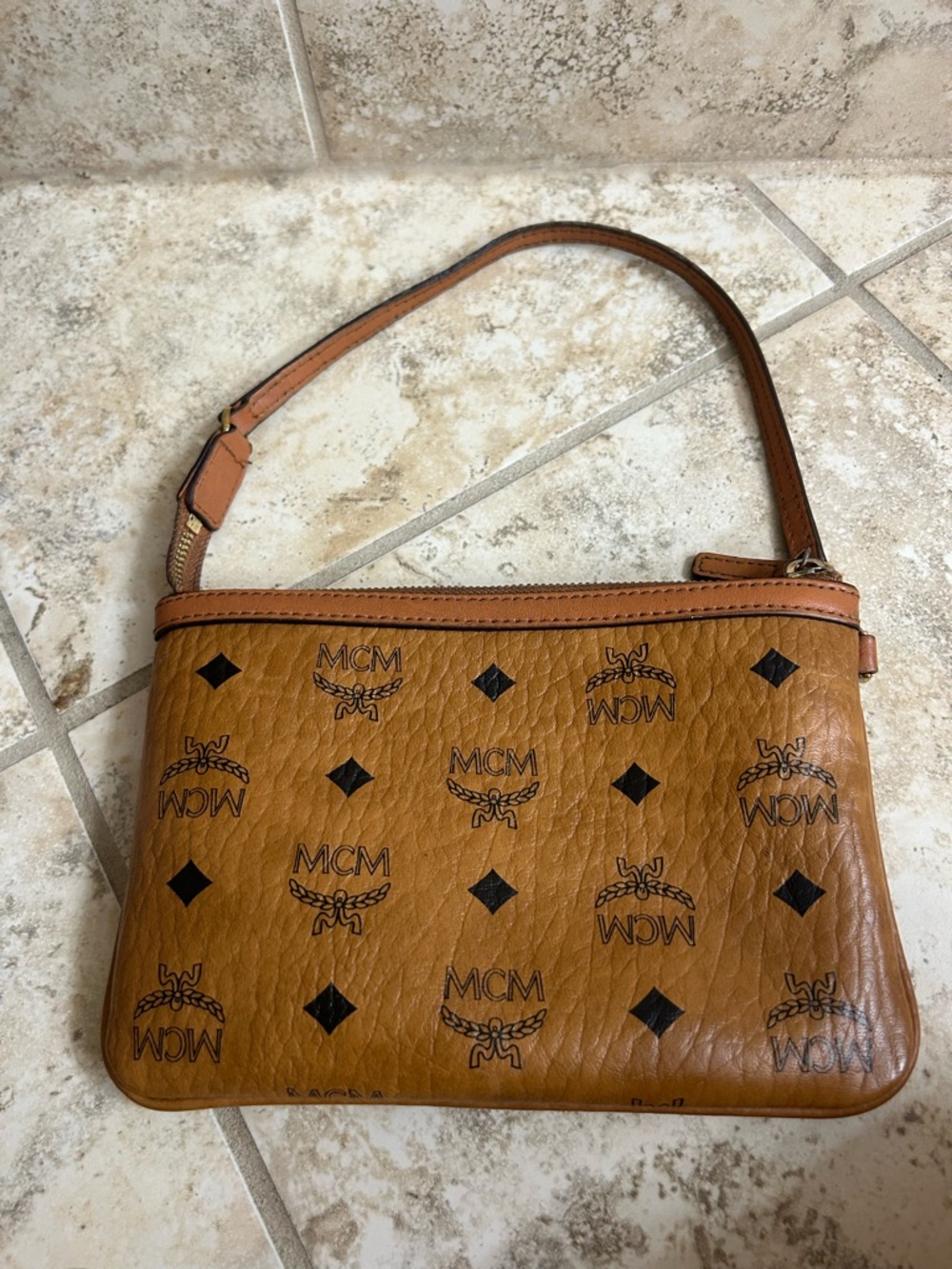 MCM Cognac Visetos Coated Canvas Wristlet - Tan & Black